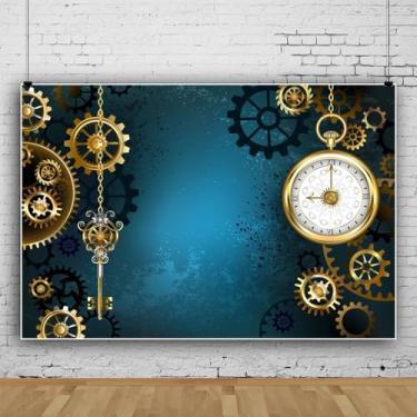 Imagem de Pano de fundo Steampunk antigo para homens, relógio de parede, mecânico, steampunk, cenário de fotografia industrial, vintage, azul, decorações de festa de aniversário, adereços de estúdio