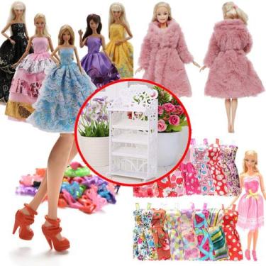 Imagem de Kit para Bonecas Roupas e Acessórios Casaco Vestidos de Festa Sapatos 