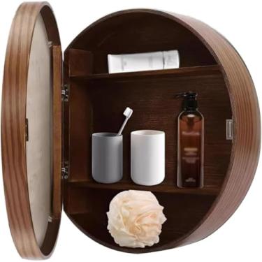 Imagem de Armário de armazenamento redondo montado na parede para banheiro com espelho preto/cor de madeira/cor de nogueira espelho de maquiagem redondo, C, 60 cm