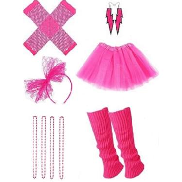 Imagem de Tatuo Acessórios anos 80 fantasia para mulheres polainas faixa de cabeça tutu saia luvas brincos colar, Vermelho rosa, Small