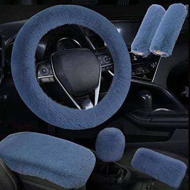 Imagem de Capa de volante de carro macia e fofa de lã sintética para carro 6 peças em 1 conjunto de capa para apoio de braço central e capa de mudança de marcha, capa de freio de mão e 2 peças de almofadas de ombro para cinto de segurança, ajuste universal para 38 cm