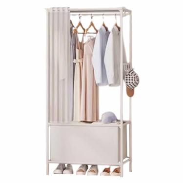 Imagem de Guarda-roupa Armário de guarda-roupa, não-tecido, fileira dupla única com cortinas, guarda-roupa, tubo de aço reforçado, armazenamento de roupas penduradas armário