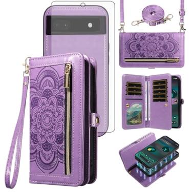 Imagem de Asuwish Capa de celular para Google Pixel 6A 5G 2022 com zíper carteira magnética destacável com protetor de tela de vidro temperado alça transversal mandala flor porta-cartão slot Pixel6A A6 feminino