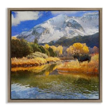 Imagem de Stupell Industries Arte de parede em tela flutuante emoldurada Moose on Dolores River por Chris Vest, moldura flutuante marrom, 45 x 45 cm