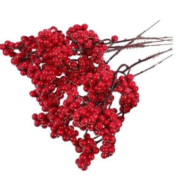 Imagem de Bagas Vermelhas para Artesanato, Bagas Vermelhas Artificiais, 6 peças de galhos de frutas silvestres falsas com caules, Decorações realistas de frutas e artesanato de árvore de Natal para mesa, porta,