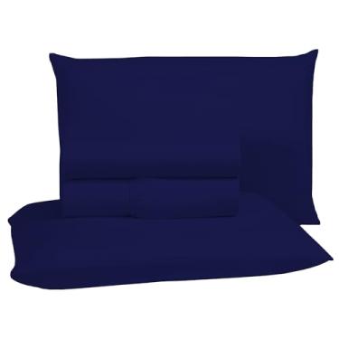 Imagem de Jogo de Lençol Casal 400 Fios Micro Percal Toque Aveludado 4 Peças Roupa de Cama com Elástico e Fronhas (Azul Marinho)