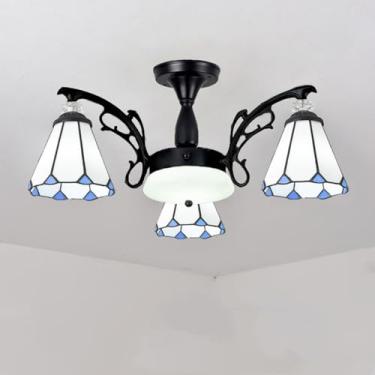 Imagem de DOPZNJWF Lustre estilo Tiffany de 6 luzes com lamshade de vitral branco, luminária pendente vintage de três cores, luminária de teto moderna para sala de estar