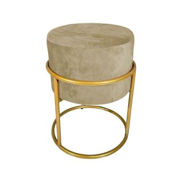 Imagem de Puff Decorativo Redondo Base De Ferro Dourada Tecido Veludo Bege