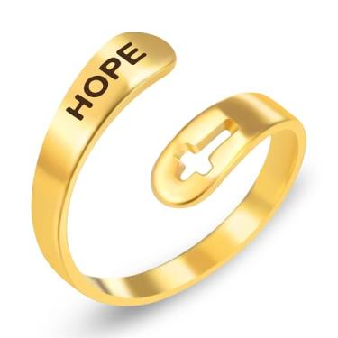 Imagem de Vivaday Anel de cruz cristã Faith Hope Love - Anel inspirador de aço inoxidável banhado a ouro 18 k Jesus espiritual aberto para mulheres e homens, ideal para Páscoa, Natal, Ação de Graças, Y3984,