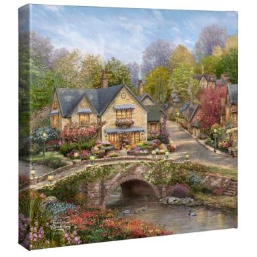 Imagem de Thomas Kinkade Studios Summer at Cobblestone Village Tela emoldurada para galeria de 35,5 x 35,5 cm | Arte de parede sem moldura | Arte em tela | Certificado de autenticidade incluído