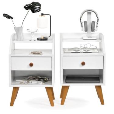Imagem de Kit com 2 mesas de cabeceira com 1 Gaveta Nicho Prateleiras Mini Cômod