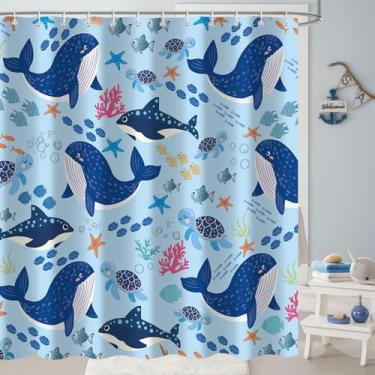 Imagem de Emwnodti Linda cortina de chuveiro com desenho animado de peixe, tubarão do mundo subaquático, coral colorido para decoração de banheiro infantil, tecido de poliéster, impermeável, 182 x 182 cm com 12