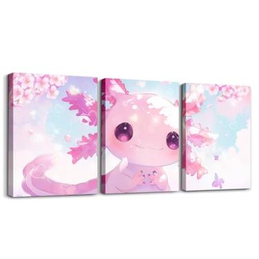 Imagem de Feelyou Linda arte de parede em tela axolotl para sala de estar quarto 30,5 x 40,6 cm x 3 peças de flores de cerejeira desenho animado salamandra imagem decoração de parede meninos meninas kawaii