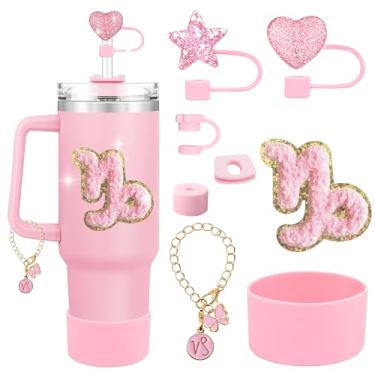 Imagem de RQYDYZMJ Conjunto de acessórios de copo de 8 peças, com uma corrente e pingente de constelação, adesivo de constelação e tampa de palha para copos Stanley de 850 g ou 1,134 g (rosa - Capricórnio)
