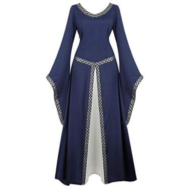 Imagem de Parlsdy Vestido medieval feminino fantasia vitoriana renascentista vestido longo traje irlandesa cosplay vestido retrô, Vestido azul escuro, X-Small