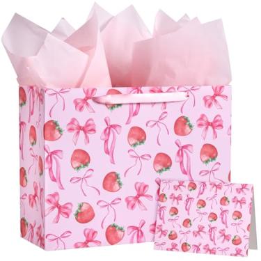 Imagem de WRAPAHOLIC Bolsa de presente grande com laço de morango de 33 cm com cartão e papel de seda – Laço rosa e bolsa de presente de morango doce para mulheres, meninas, aniversário, chá de bebê, casamento,
