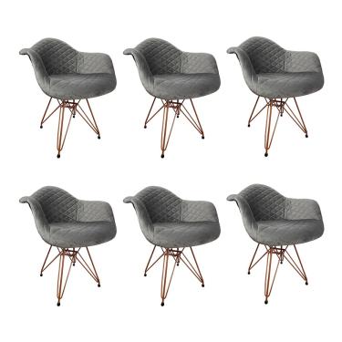 Imagem de Kit 6 Poltronas Jantar Eames Eiffel Estofadas Cinza Base Cobre