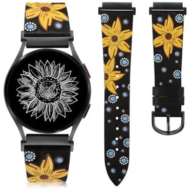Imagem de Minyee Pulseiras de couro compatíveis com Samsung Galaxy Watch 7 de 40 mm e 44 mm/Watch 6 5 4 de 40 mm e 44 mm/Watch 6 Classic de 43 mm e 47 mm, Galaxy Watch FE, retrô em relevo de girassol de 20 mm