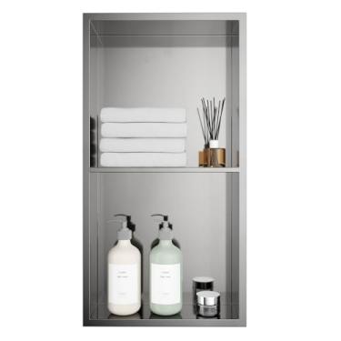 Imagem de TSIBOMU Nicho de chuveiro de aço inoxidável de 30,5 x 61 cm com divisória sem necessidade de azulejo, prateleira de chuveiro embutida para instalação de montagem no banheiro, nano prata