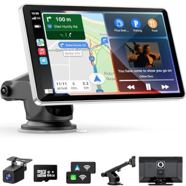 Imagem de Oscio Tela CarPlay Portátil de 9" com Android Auto, Câmera de Painel 4K e Ré 1080P, Controle de Voz e Navegação GPS, Mirror Link, Bluetooth/FM/AUX