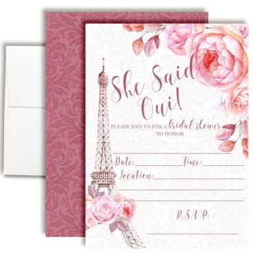 Imagem de Convites para chá de panela She Said Oui - 20 5x7 Cartões florais da Torre Eiffel de Paris com envelopes - Convites de chá de casamento com tema francês por AmandaCreation