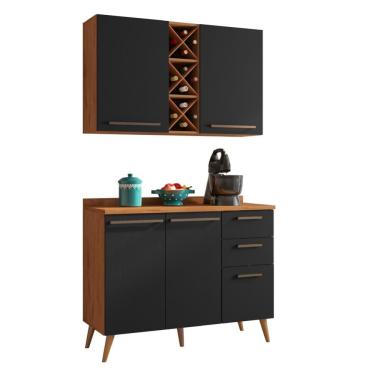 Imagem de Armário De Cozinha 4 Portas 3 Gavetas Com Adega 1,20m Favorita Natura / Preto Preto Naturale