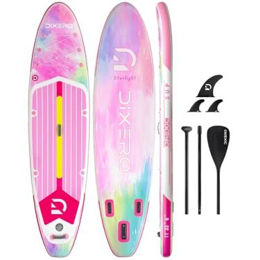Imagem de Dixero Prancha inflável de stand up paddle de 28 x 83 cm, design amplo e estável, raquete ajustável, 3 aletas, deck de EVA antiderrapante para adultos e jovens de todos os níveis de habilidade