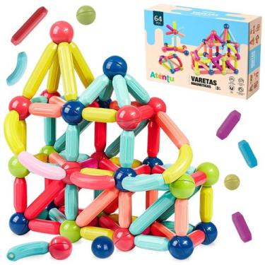 Imagem de Brinquedo de Encaixar Bloco Magnético Infantil Blocos de Montar 64 Peç