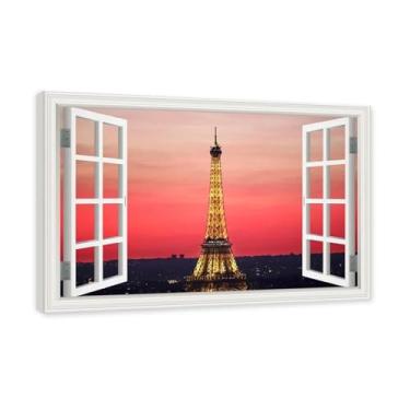 Imagem de Janela de arte de parede com impressão em tela. Vista de janela falsa. Impressão de imagem natural em tela. Arte de cenário para decoração de sala de estar. (Vista da Torre Eiffel de Paris 28