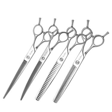 Imagem de Conjunto de tesouras profissionais para animais de estimação JP440C Aço 8 polegadas retas, curvas, chunker e tesouras de diluição de 7 polegadas para cuidados de cães, taxa de diluição de 25-45%