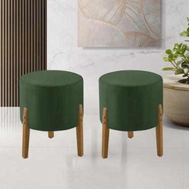 Imagem de Kit 2 Puff Banqueta Redonda Thor Estofado Linho Verde Pés em Madeira M