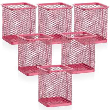 Imagem de Segarty Copo de caneta, pacote com 6 porta-canetas quadrado rosa escuro para mesa, recipientes multifunções de lápis de malha para marcadores, materiais de escritório, estudantes escolares, casa