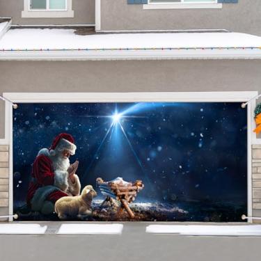 Imagem de HunnmingRe Conjunto de presépio ao ar livre decorações de Natal para porta de garagem 1,8 x 4 m ajoelhado Papai Noel orando para o bebê Jesus Presépio Garagem Grande Presépio de Natal para