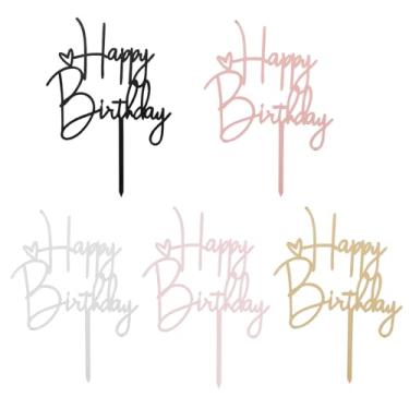 Imagem de 5 peças de topo de bolo de acrílico feliz aniversário - decorações de bolo em forma de coração e letras para cupcakes, bolos, sobremesas (ouro, prata, preto, rosa, ouro rosa)