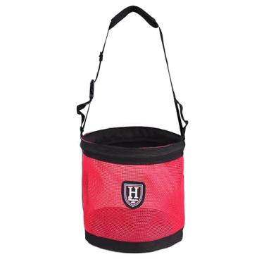 Imagem de Harrison Howard Bolsa de alimentação para focinheira de cavalo Bolsa de alimentação de grãos de malha de nylon com alça de pescoço acolchoada cinto ajustável rosa médio