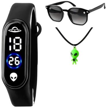 Imagem de Relógio Infantil Digital + Caixa Original + Óculos Sol Prova D'Água Led Preto ET Ovni Silicone Menino Qualidade Premium Temático