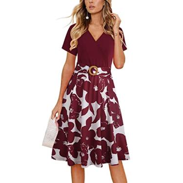 Imagem de HELYO Vestido feminino elegante com decote em V cruzado vintage manga curta para trabalho casual e flare com bolsos 980 (M, bordô-branco), Borgonha-branco, M