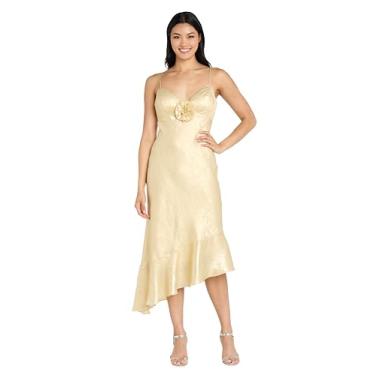 Imagem de MORGAN AND CO. Vestido midi assimétrico Rosette Shine com acabamento metálico e alças finas, Creme/dourado, PP