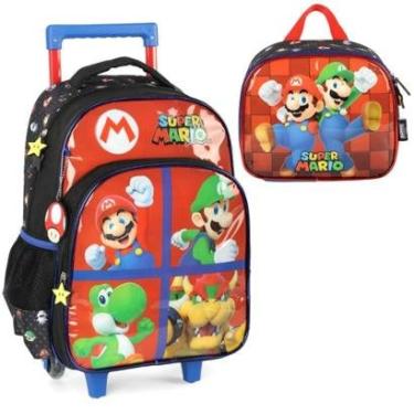 Imagem de Kit Mochila Rodinhas Mario Bros Lancheira Luigi Escolar Preto Infantil Luxcel-Unissex