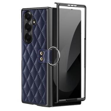 Imagem de LYJSMGZ Capa de couro para Samsung Galaxy Z Fold 7, protetor de tela com borda dourada banhada a ouro capa de telefone elegante anel de dedo, azul, dobra 7