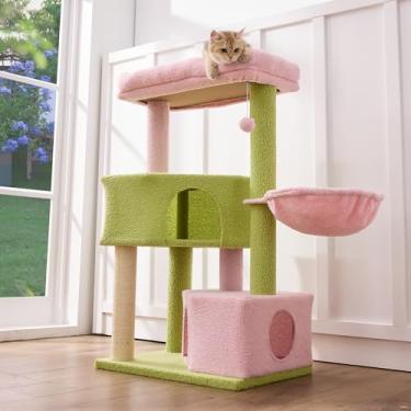 Imagem de Gardner Pet Árvore de gato rosa e verde de 104 cm de altura para gatos médio-grandes, torre resistente com postes de 7 cm e poleiros superiores laváveis, móveis para gatos que economizam espaço para