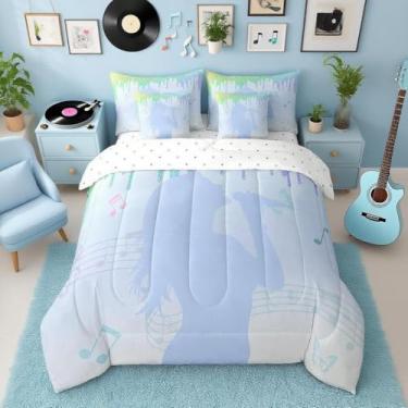 Imagem de jejeloiu Conjunto de cama solteiro com estampa de cantor, 7 peças, azul, com glíter, moderno, para decoração de quarto, com edredom, lençóis, fronhas e capa de almofada