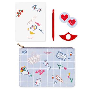 Imagem de kate spade new york Conjunto de kit de leitura com diário de livro, caneta esferográfica, suporte de livro, moeda de decisão inovadora e bolsa de lona com zíper (piquenique de parque)