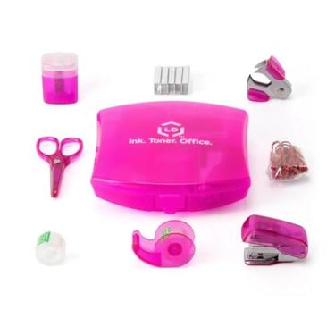 Imagem de Kit de suprimento para escritório LD Pink Mini – Capa portátil com tesouras, clipes de papel, dispensador de fita, apontador de lápis, grampeador e remoção de grampos