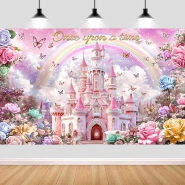 Imagem de Pano de fundo de princesa feliz aniversário de 25 x 2 m para meninas e crianças, castelo rosa, arco-íris, borboleta, carro real, colorido, floral, aniversário, casamento, decoração de festa, banner