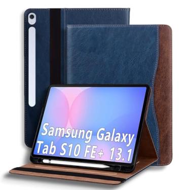 Imagem de TIPOYOROOS Capa para Samsung Galaxy Tab S10 FE Plus 13,1 polegadas 2025 (SM-X620/SM-X626B) Capa inteligente com bolso e porta-lápis, couro PU empresarial com compartimento para cartão, azul