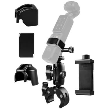 Imagem de Kit de montagem de guidão para câmera de motocicleta compatível com DJI Osmo Pocket 3 Insta360 GoPro, suporte de câmera com braçadeira de tubo de bicicleta com cabeça esférica dupla de 360°, conjunto