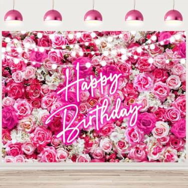 Imagem de InMemory Fundo de aniversário de parede de flor néon rosa para meninas, mulheres, rosas florais, cerimônias de aniversário, decorações de festa de aniversário, banner, mesa de bolo, suporte de estúdio