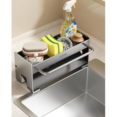 Imagem de Suporte de esponja organizador de pia de cozinha: suporte de pia com suporte de pano, aço carbono à prova de ferrugem com drenagem automática, esponja de prato e dispensador de sabão toalheiro para