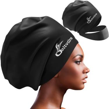 Imagem de Touca de natação extra grande de silicone impermeável com faixa de cabeça para tranças e dreadlocks, mulheres negras, meninas, homens com cabelo comprido